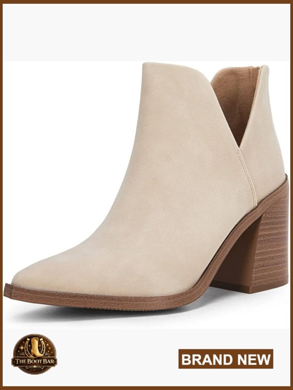 Pointed Toe Stacked Mid Heel Ankle Boots V Cut Back Zipper Faux Leather Booties